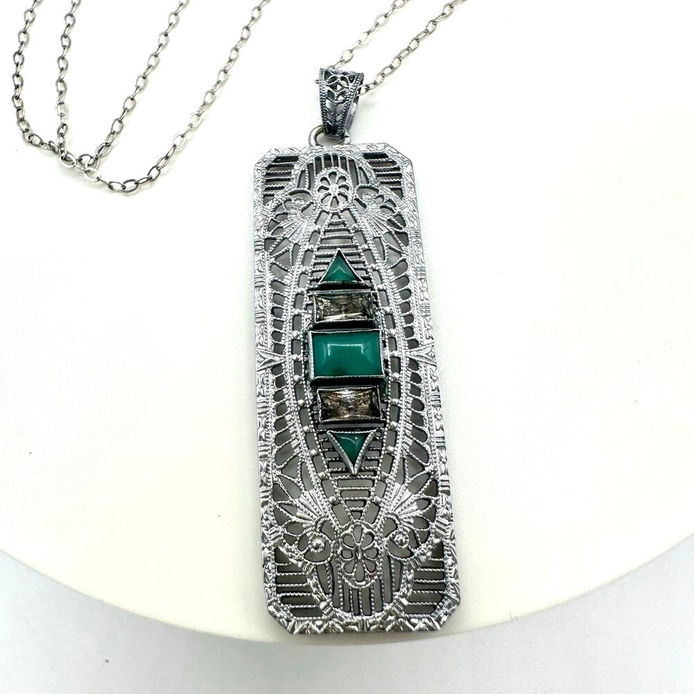 Antique Art Deco rhodium plated Czech glass filigree pendant sterling necklace